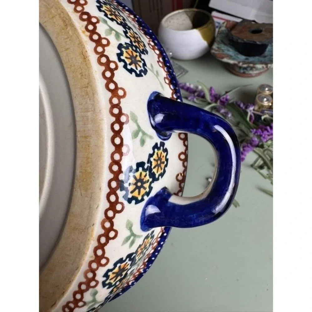 Vintage Hand-painted Serving Dish Stoneware Cobalt Blue Floral‎ Unikat Pattern